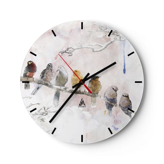 Zegar ścienny - Skrzydlate spotkanie - 30x30cm - Ptaki Natura Grafika - Okrągły zegar na szkle - Nowoczeny Stylowy Zegar do salonu do kuchni - Cichy i Modny zegar ARTTOR