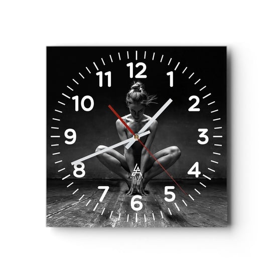 Zegar ścienny - Skupienie tanecznej energii - 30x30cm - Tancerka Kobieta Czarno-Biały - Kwadratowy zegar ścienny - Nowoczeny Stylowy Zegar do salonu do kuchni - Cichy i Modny zegar ARTTOR