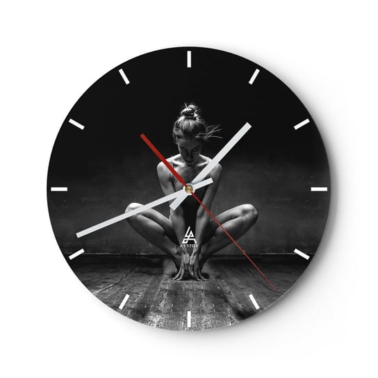 Zegar ścienny - Skupienie tanecznej energii - 30x30cm - Tancerka Kobieta Czarno-Biały - Okrągły zegar na szkle - Nowoczeny Stylowy Zegar do salonu do kuchni - Cichy i Modny zegar ARTTOR