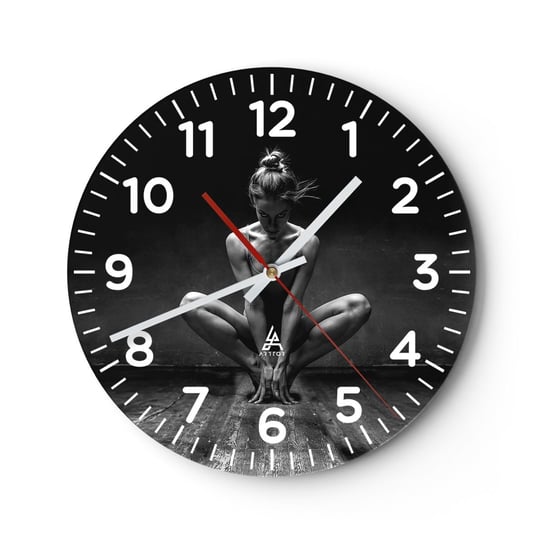 Zegar ścienny - Skupienie tanecznej energii - 30x30cm - Tancerka Kobieta Czarno-Biały - Okrągły zegar ścienny - Nowoczeny Stylowy Zegar do salonu do kuchni - Cichy i Modny zegar ARTTOR