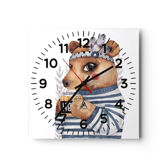 Zegar ścienny - Słodka Misia - 40x40cm - Abstrakcja Dla Dzieci Niedźwiedź - Kwadratowy zegar szklany - Nowoczeny Stylowy Zegar do salonu do kuchni - Cichy i Modny zegar ARTTOR