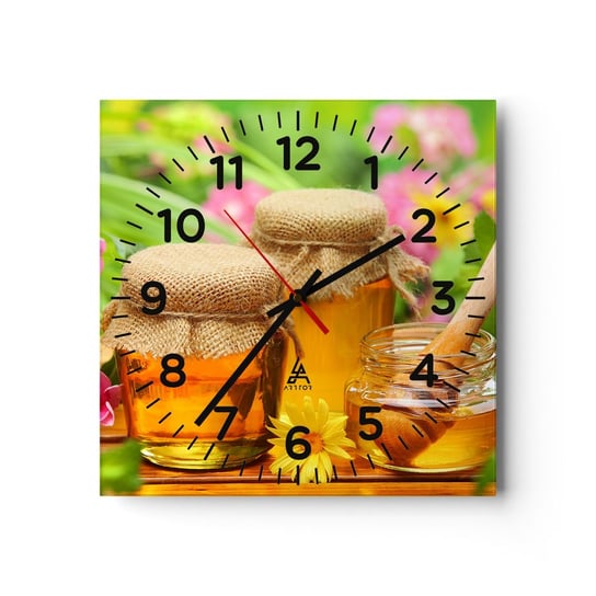 Zegar ścienny - Słodko i kwiatowo - 30x30cm - Gastronomia Miód Kwiaty - Kwadratowy zegar ścienny - Nowoczeny Stylowy Zegar do salonu do kuchni - Cichy i Modny zegar ARTTOR