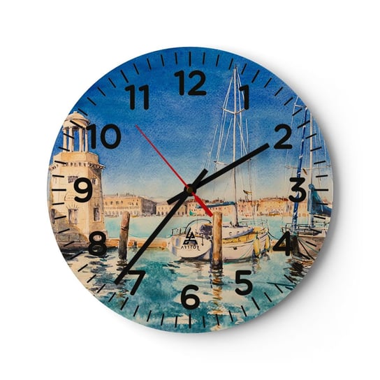Zegar ścienny - Słoneczna laguna - 30x30cm - Port Pejzaż Latarnia Morska - Okrągły zegar ścienny - Nowoczeny Stylowy Zegar do salonu do kuchni - Cichy i Modny zegar ARTTOR