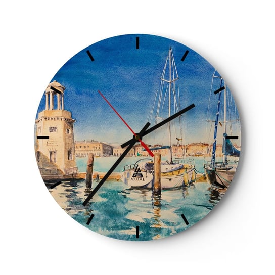Zegar ścienny - Słoneczna laguna - 40x40cm - Port Pejzaż Latarnia Morska - Okrągły zegar ścienny - Nowoczeny Stylowy Zegar do salonu do kuchni - Cichy i Modny zegar ARTTOR