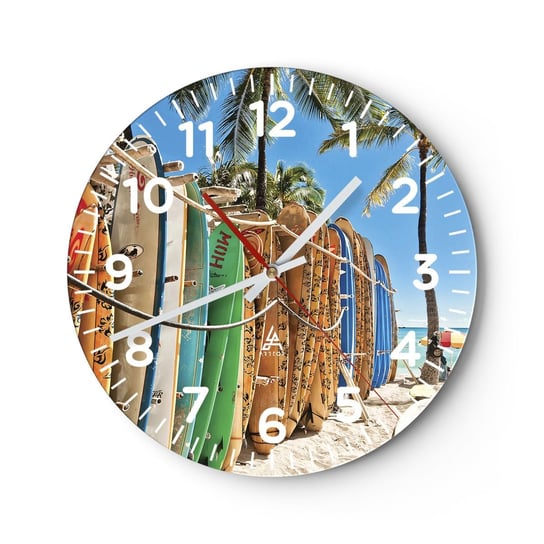 Zegar ścienny - Słoneczna zabawa - 40x40cm - Krajobraz Deska Surfingowa Plaża - Okrągły zegar szklany - Nowoczeny Stylowy Zegar do salonu do kuchni - Cichy i Modny zegar ARTTOR