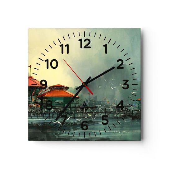Zegar ścienny - Słotny dzień w porcie - 30x30cm - Miasto Portowe Architektura Morze - Kwadratowy zegar ścienny - Nowoczeny Stylowy Zegar do salonu do kuchni - Cichy i Modny zegar ARTTOR