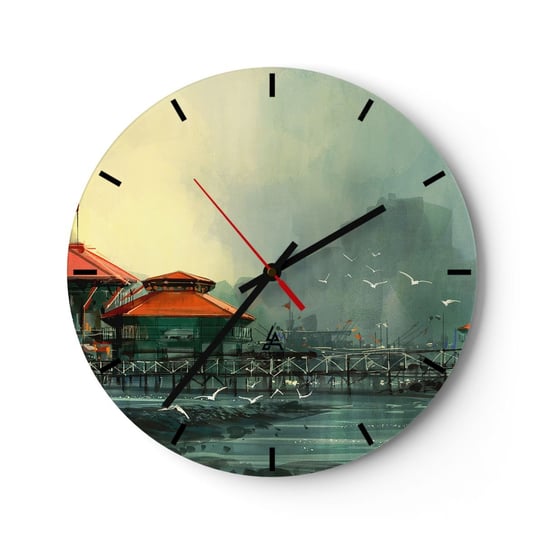 Zegar ścienny - Słotny dzień w porcie - 40x40cm - Miasto Portowe Architektura Morze - Okrągły zegar ścienny - Nowoczeny Stylowy Zegar do salonu do kuchni - Cichy i Modny zegar ARTTOR