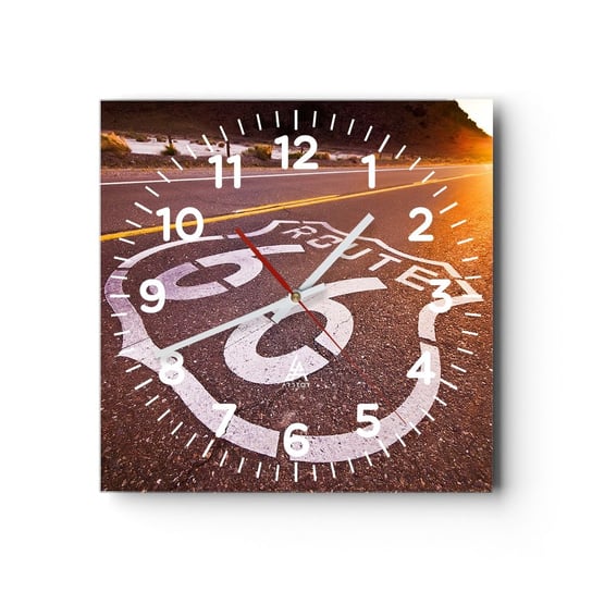 Zegar ścienny - Słynna droga 66 - 30x30cm - Usa Motoryzacja Droga 66 - Kwadratowy zegar ścienny - Nowoczeny Stylowy Zegar do salonu do kuchni - Cichy i Modny zegar ARTTOR