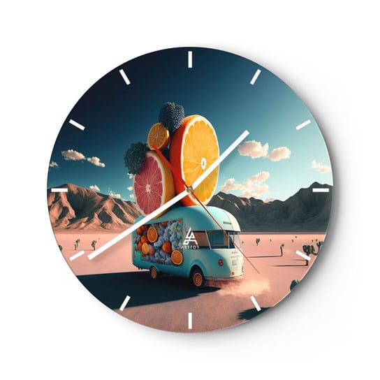 Zegar ścienny - Smak wakacji - 30x30cm - Kamper Owoce Pustynia - Okrągły zegar na szkle - Nowoczeny Stylowy Zegar do salonu do kuchni - Cichy i Modny zegar ARTTOR