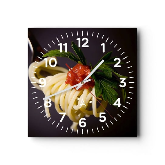 Zegar ścienny - Smakowity kęs - 40x40cm - Gastronomia Spaghetti Włochy - Kwadratowy zegar szklany - Nowoczeny Stylowy Zegar do salonu do kuchni - Cichy i Modny zegar ARTTOR