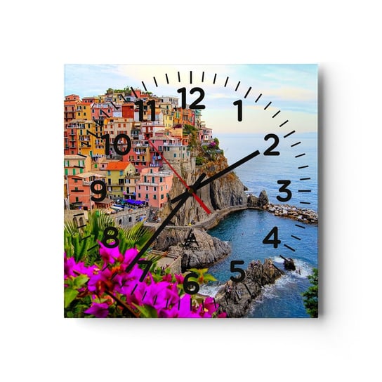 Zegar ścienny - Śmiejące się miasto - 40x40cm - Krajobraz Manarola Włochy - Kwadratowy zegar szklany - Nowoczeny Stylowy Zegar do salonu do kuchni - Cichy i Modny zegar ARTTOR