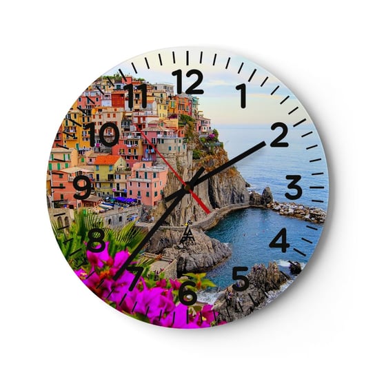 Zegar ścienny - Śmiejące się miasto - 40x40cm - Krajobraz Manarola Włochy - Okrągły zegar szklany - Nowoczeny Stylowy Zegar do salonu do kuchni - Cichy i Modny zegar ARTTOR