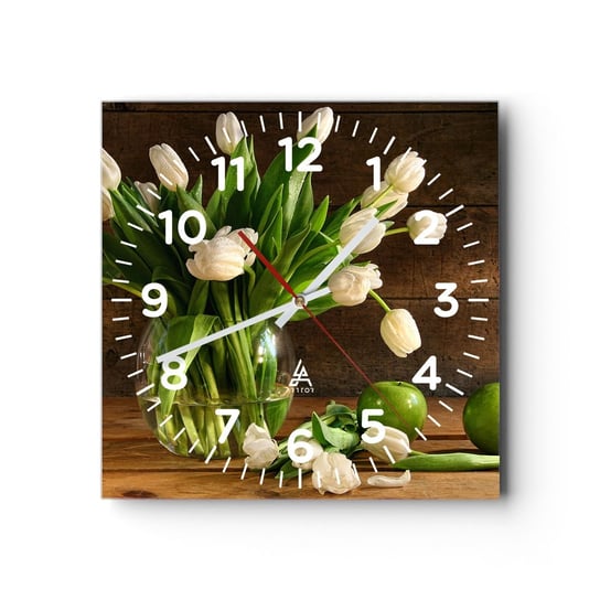 Zegar ścienny - Soczyste i świeże w zieleni i bieli - 40x40cm - Kwiaty Tulipany Bukiet Kwiatów - Kwadratowy zegar szklany - Nowoczeny Stylowy Zegar do salonu do kuchni - Cichy i Modny zegar ARTTOR