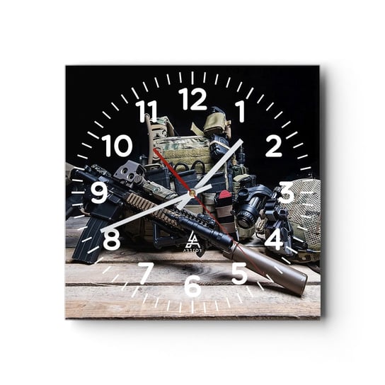 Zegar ścienny - Spocznij! - 30x30cm - Militaria Karabin Broń - Kwadratowy zegar ścienny - Nowoczeny Stylowy Zegar do salonu do kuchni - Cichy i Modny zegar ARTTOR