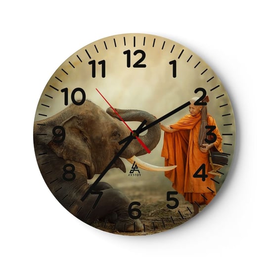 Zegar ścienny - Spotkanie w podróży - 30x30cm - Azja Słoń Mnich - Okrągły zegar ścienny - Nowoczeny Stylowy Zegar do salonu do kuchni - Cichy i Modny zegar ARTTOR