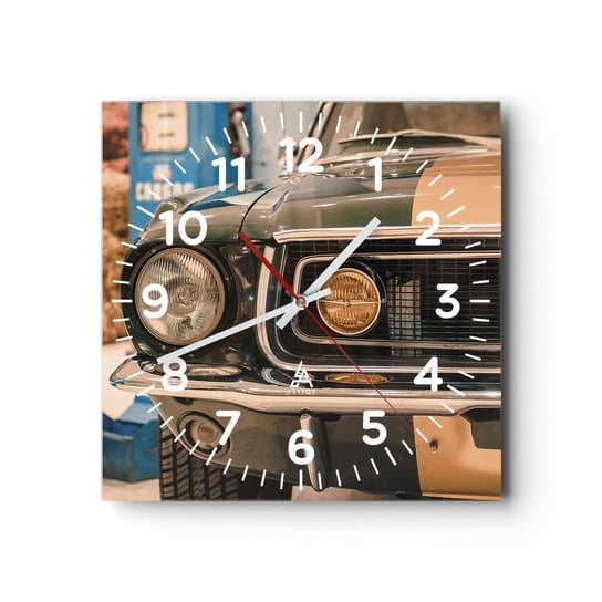 Zegar ścienny - Spotkanie z legendą - 40x40cm - Samochód Motoryzacja Oldchool - Kwadratowy zegar szklany - Nowoczeny Stylowy Zegar do salonu do kuchni - Cichy i Modny zegar ARTTOR