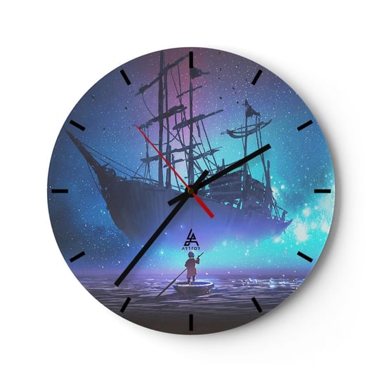 Zegar ścienny - Spotkanie z mitem morza - 30x30cm - Grafika Fantasy Statek Widmo - Okrągły zegar na szkle - Nowoczeny Stylowy Zegar do salonu do kuchni - Cichy i Modny zegar ARTTOR