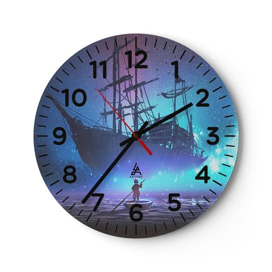 Zegar ścienny - Spotkanie z mitem morza - 40x40cm - Grafika Fantasy Statek Widmo - Okrągły zegar szklany - Nowoczeny Stylowy Zegar do salonu do kuchni - Cichy i Modny zegar ARTTOR