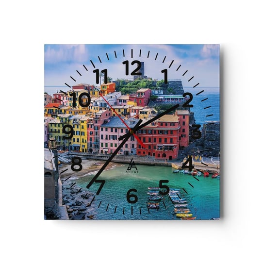 Zegar ścienny - Śródziemnomorskie magiczne miasteczko - 40x40cm - Liguria Miasto Włochy - Kwadratowy zegar szklany - Nowoczeny Stylowy Zegar do salonu do kuchni - Cichy i Modny zegar ARTTOR