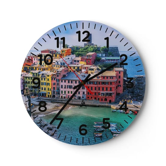 Zegar ścienny - Śródziemnomorskie magiczne miasteczko - 40x40cm - Liguria Miasto Włochy - Okrągły zegar szklany - Nowoczeny Stylowy Zegar do salonu do kuchni - Cichy i Modny zegar ARTTOR