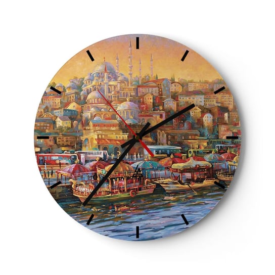 Zegar ścienny - Stambulska opowieść - 30x30cm - Architektura Miasto Stambuł - Okrągły zegar na szkle - Nowoczeny Stylowy Zegar do salonu do kuchni - Cichy i Modny zegar ARTTOR