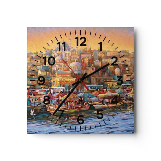 Zegar ścienny - Stambulska opowieść - 40x40cm - Architektura Miasto Stambuł - Kwadratowy zegar szklany - Nowoczeny Stylowy Zegar do salonu do kuchni - Cichy i Modny zegar ARTTOR