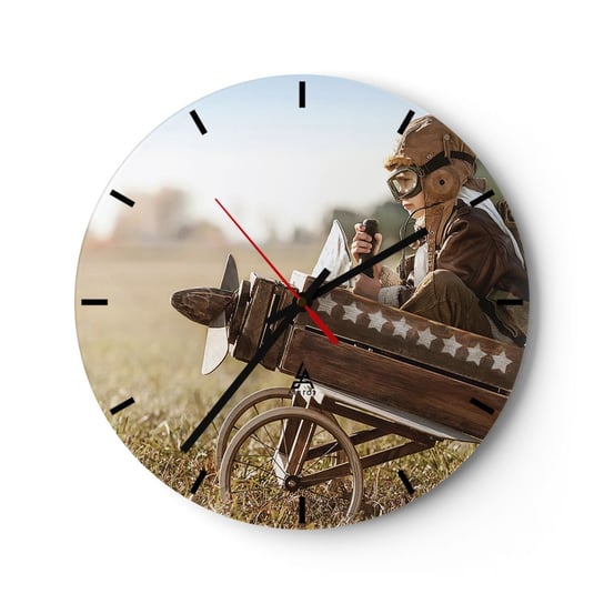 Zegar ścienny - Start ku marzeniu - 30x30cm - Chłopiec Samolot Vintage - Okrągły zegar na szkle - Nowoczeny Stylowy Zegar do salonu do kuchni - Cichy i Modny zegar ARTTOR