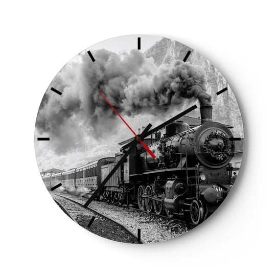 Zegar ścienny - Stoi na stacji… - 30x30cm - Kolej Lokomotywa Pociąg Pasażerski - Okrągły zegar na szkle - Nowoczeny Stylowy Zegar do salonu do kuchni - Cichy i Modny zegar ARTTOR