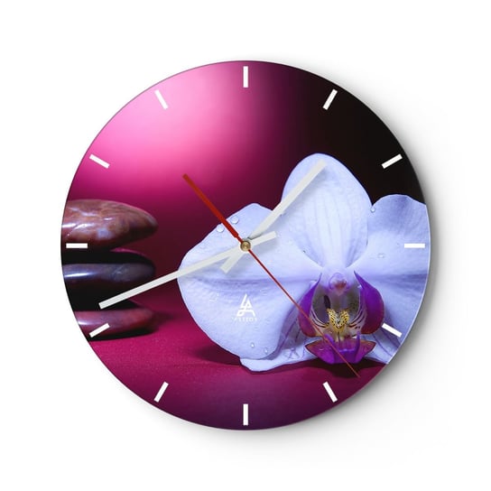 Zegar ścienny - Studium świeżości w fiolecie - 30x30cm - Kwiaty Spa  Kamienie - Okrągły zegar na szkle - Nowoczeny Stylowy Zegar do salonu do kuchni - Cichy i Modny zegar ARTTOR