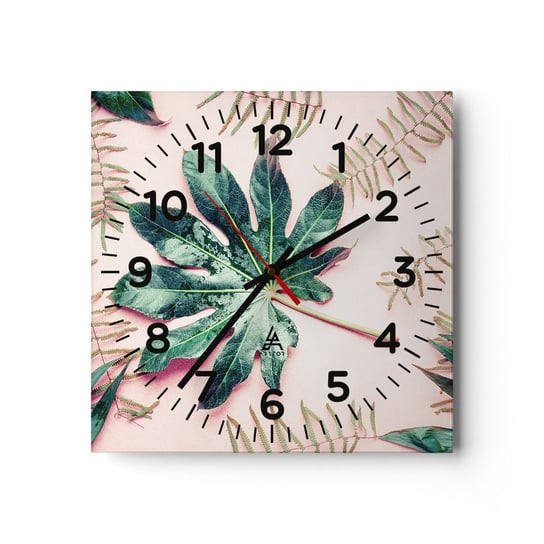 Zegar ścienny - Studium zieleni na różowym tle - 30x30cm - Roślina Tropikalna Liście Palmowe Liść Paproci - Kwadratowy zegar ścienny - Nowoczeny Stylowy Zegar do salonu do kuchni - Cichy i Modny zegar ARTTOR
