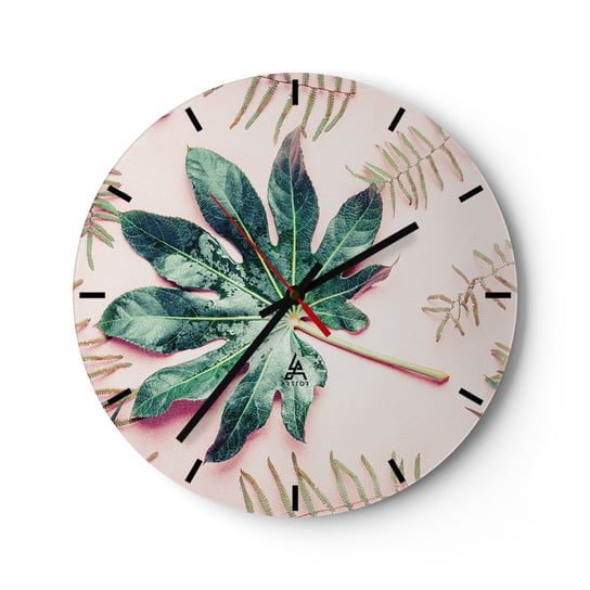 Zegar ścienny - Studium zieleni na różowym tle - 30x30cm - Roślina Tropikalna Liście Palmowe Liść Paproci - Okrągły zegar na szkle - Nowoczeny Stylowy Zegar do salonu do kuchni - Cichy i Modny zegar ARTTOR