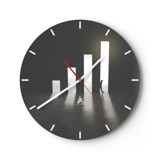 Zegar ścienny - Sukces – impresja - 30x30cm - Biznes Architektura Człowiek - Okrągły zegar na szkle - Nowoczeny Stylowy Zegar do salonu do kuchni - Cichy i Modny zegar ARTTOR