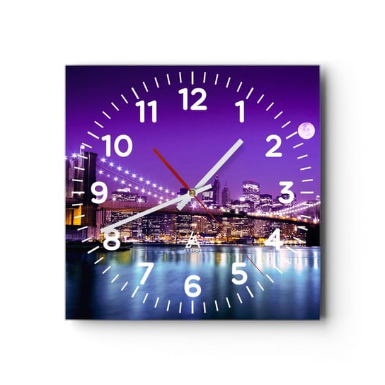 Zegar ścienny - Światła wielkiego miasta we fiolecie - 30x30cm - Miasto Nowy Jork Most Brooklin Bridge - Kwadratowy zegar ścienny - Nowoczeny Stylowy Zegar do salonu do kuchni - Cichy i Modny zegar ARTTOR
