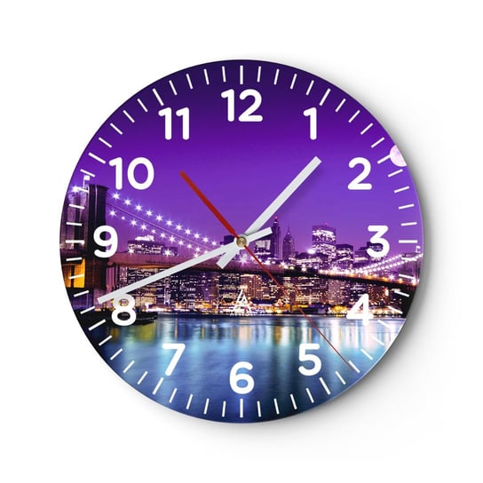 Zegar ścienny - Światła wielkiego miasta we fiolecie - 30x30cm - Miasto Nowy Jork Most Brooklin Bridge - Okrągły zegar ścienny - Nowoczeny Stylowy Zegar do salonu do kuchni - Cichy i Modny zegar ARTTOR