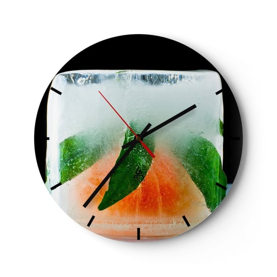 Zegar ścienny - Świeżość i ochłoda - 30x30cm - Kostka Lodu Pomarańcza Liść Mięty - Okrągły zegar na szkle - Nowoczeny Stylowy Zegar do salonu do kuchni - Cichy i Modny zegar ARTTOR