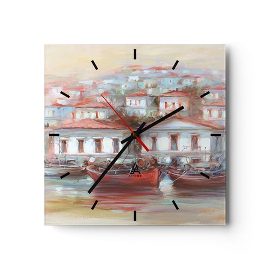 Zegar ścienny - Szczęśliwe miasteczko - 30x30cm - Architektura Żaglówka Port - Kwadratowy zegar na szkle - Nowoczeny Stylowy Zegar do salonu do kuchni - Cichy i Modny zegar ARTTOR