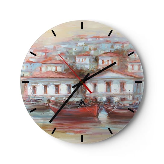 Zegar ścienny - Szczęśliwe miasteczko - 30x30cm - Architektura Żaglówka Port - Okrągły zegar na szkle - Nowoczeny Stylowy Zegar do salonu do kuchni - Cichy i Modny zegar ARTTOR