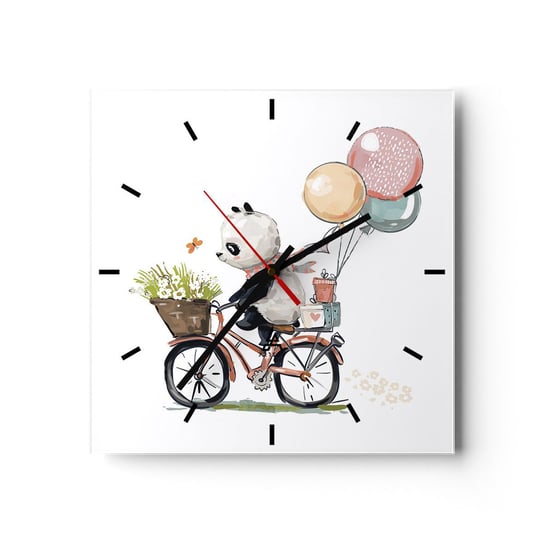 Zegar ścienny - Szczęśliwy dzień - 30x30cm - Dla Dzieci Panda Na Rowerze Abstrakcja - Kwadratowy zegar na szkle - Nowoczeny Stylowy Zegar do salonu do kuchni - Cichy i Modny zegar ARTTOR
