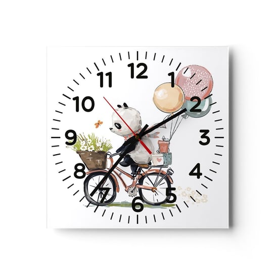 Zegar ścienny - Szczęśliwy dzień - 30x30cm - Dla Dzieci Panda Na Rowerze Abstrakcja - Kwadratowy zegar ścienny - Nowoczeny Stylowy Zegar do salonu do kuchni - Cichy i Modny zegar ARTTOR