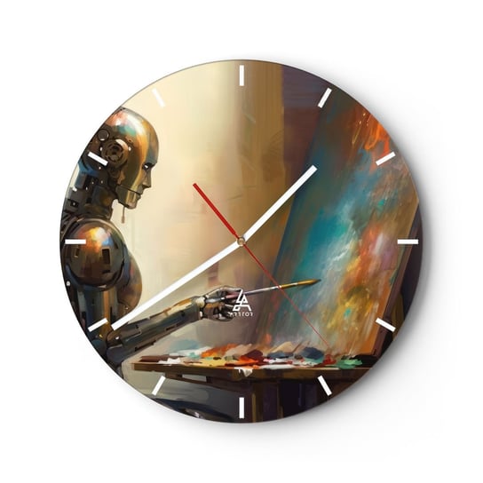 Zegar ścienny - Sztuka przyszłości - 30x30cm - Malarstwo Robot Pędzel - Okrągły zegar na szkle - Nowoczeny Stylowy Zegar do salonu do kuchni - Cichy i Modny zegar ARTTOR