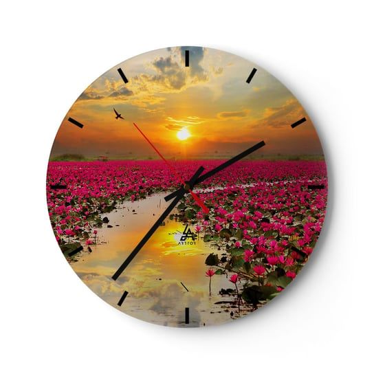 Zegar ścienny - Tajemne życie jeziora - 30x30cm - Kwiat Lotosu Kwiaty Krajobraz - Okrągły zegar na szkle - Nowoczeny Stylowy Zegar do salonu do kuchni - Cichy i Modny zegar ARTTOR