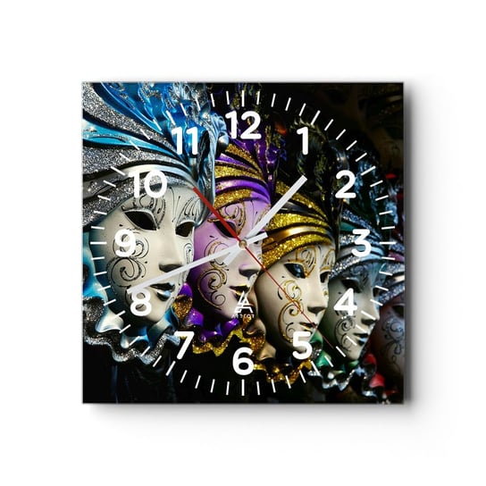 Zegar ścienny - Tajemnica w złocie i w srebrze - 30x30cm - Maska Wenecka Wenecja Karnawał - Kwadratowy zegar ścienny - Nowoczeny Stylowy Zegar do salonu do kuchni - Cichy i Modny zegar ARTTOR