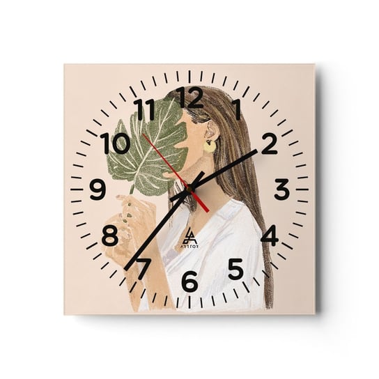 Zegar ścienny - Tajemniczy portret z wachlarzem - 30x30cm - Liść Kobieta Boho - Kwadratowy zegar ścienny - Nowoczeny Stylowy Zegar do salonu do kuchni - Cichy i Modny zegar ARTTOR