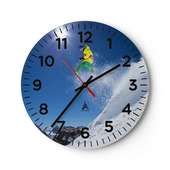 Zegar ścienny - Tańczący z górami - 40x40cm - Sport Narciarstwo Zima - Okrągły zegar szklany - Nowoczeny Stylowy Zegar do salonu do kuchni - Cichy i Modny zegar ARTTOR