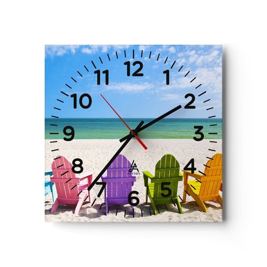 Zegar ścienny - Tęczowa plaża - 40x40cm - Krajobraz Plaża Leżaki - Kwadratowy zegar szklany - Nowoczeny Stylowy Zegar do salonu do kuchni - Cichy i Modny zegar ARTTOR