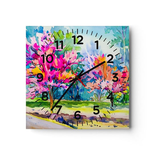 Zegar ścienny - Tęczowy ogród w wiosennym blasku - 30x30cm - Park Drzewa Natura - Kwadratowy zegar ścienny - Nowoczeny Stylowy Zegar do salonu do kuchni - Cichy i Modny zegar ARTTOR