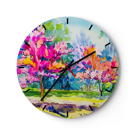 Zegar ścienny - Tęczowy ogród w wiosennym blasku - 30x30cm - Park Drzewa Natura - Okrągły zegar na szkle - Nowoczeny Stylowy Zegar do salonu do kuchni - Cichy i Modny zegar ARTTOR