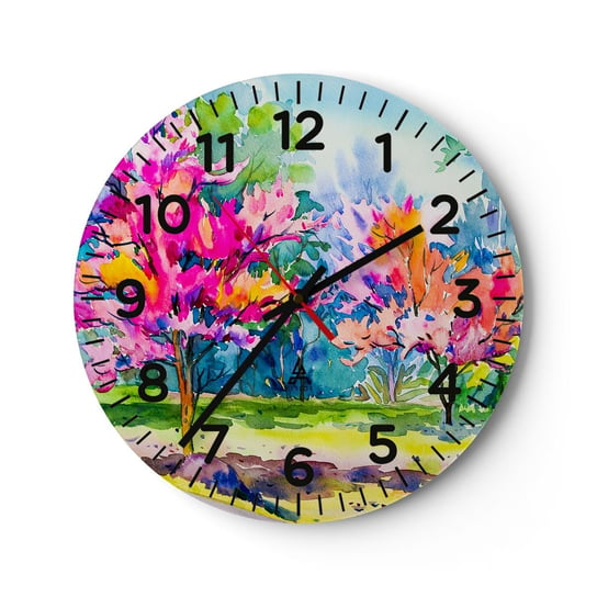 Zegar ścienny - Tęczowy ogród w wiosennym blasku - 30x30cm - Park Drzewa Natura - Okrągły zegar ścienny - Nowoczeny Stylowy Zegar do salonu do kuchni - Cichy i Modny zegar ARTTOR