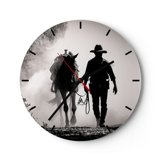 Zegar ścienny - Teksański poranek - 30x30cm - Kowboj Koń Ranczo - Okrągły zegar na szkle - Nowoczeny Stylowy Zegar do salonu do kuchni - Cichy i Modny zegar ARTTOR