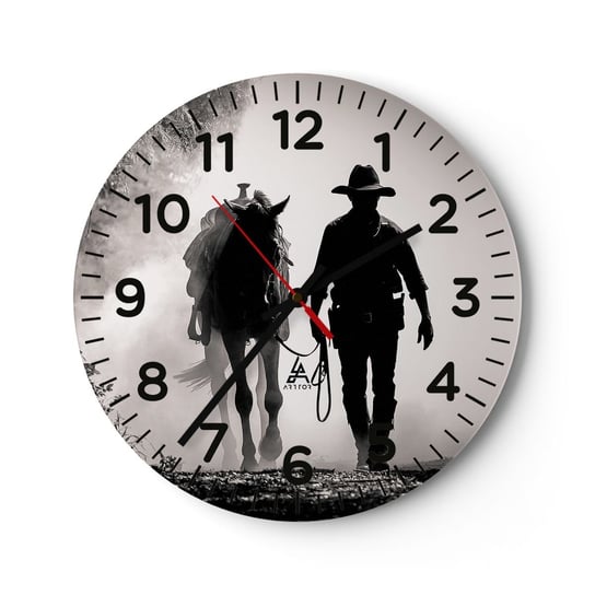 Zegar ścienny - Teksański poranek - 30x30cm - Kowboj Koń Ranczo - Okrągły zegar ścienny - Nowoczeny Stylowy Zegar do salonu do kuchni - Cichy i Modny zegar ARTTOR